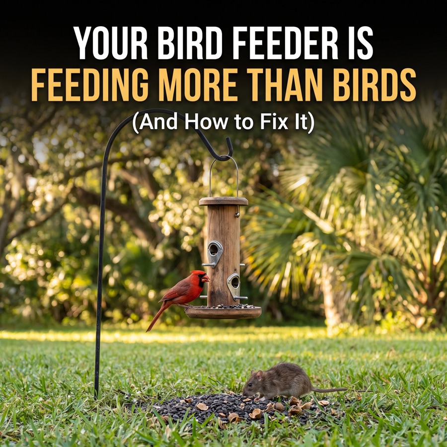 A backyard bird feeder with spilled seed underneath and a rat feeding on the ground below it