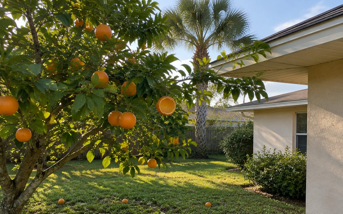 An orange tree in a Brevard County backyard with one hollowed out orange still hanging and fallen fruit in the grass, its limbs reaching toward the roof, showing why citrus trees attract rats