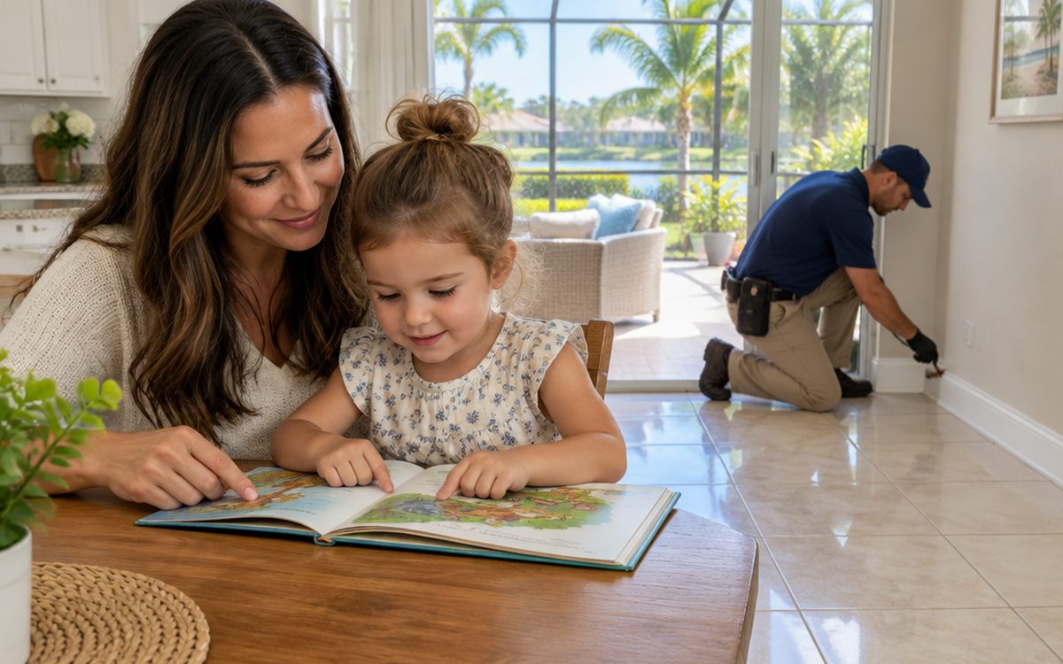 A parent and child reading at the kitchen table of a bright Florida home while a pest control technician works along the baseboard by the lanai door, the normal answer to do I have to leave the house during pest control
