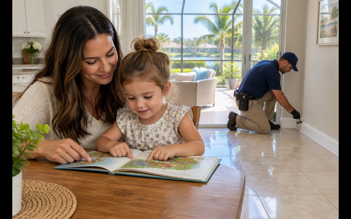 A parent and child reading at the kitchen table of a bright Florida home while a pest control technician works along the baseboard by the lanai door, the normal answer to do I have to leave the house during pest control