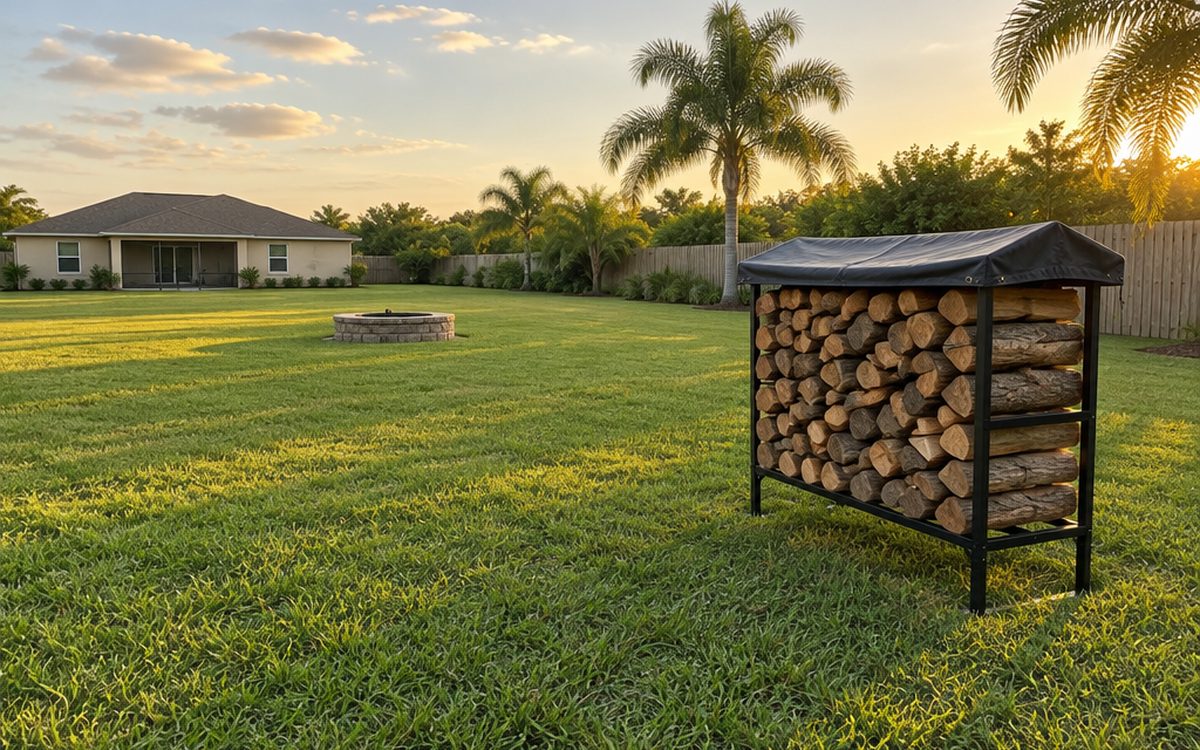 A covered metal rack of split firewood standing on its own in a Florida backyard, raised off the grass and far from the house, the right way to store firewood in Florida