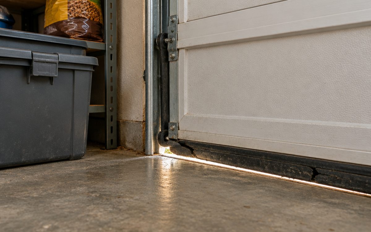 The bottom corner of a white garage door on a Florida home seen from inside, with a worn rubber seal curling away from the concrete and daylight showing through the gap, the first thing to fix for how to keep rats out of your garage