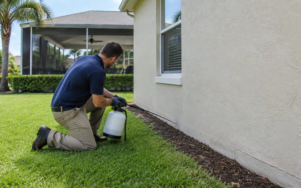 A pest control technician kneeling with a hand sprayer along the stucco wall and mulch bed of a Florida home with a screened lanai and palm tree behind him, the outside work that general pest control covers