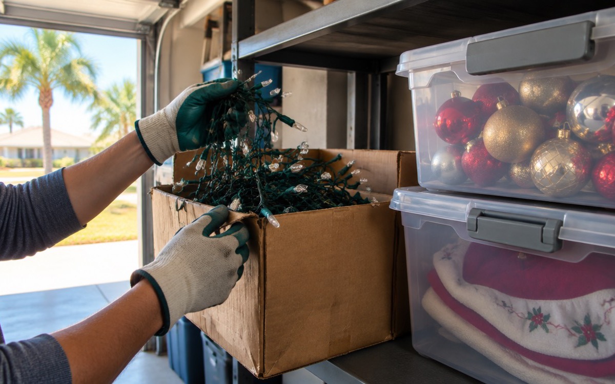 Gloved hands lifting holiday lights out of an old cardboard box in a Florida garage, next to plastic bins with latching lids, a simple way to keep pests out of stored holiday decorations