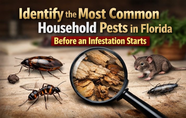 Roaches, ants, a rodent and a magnifying glass over damaged wood