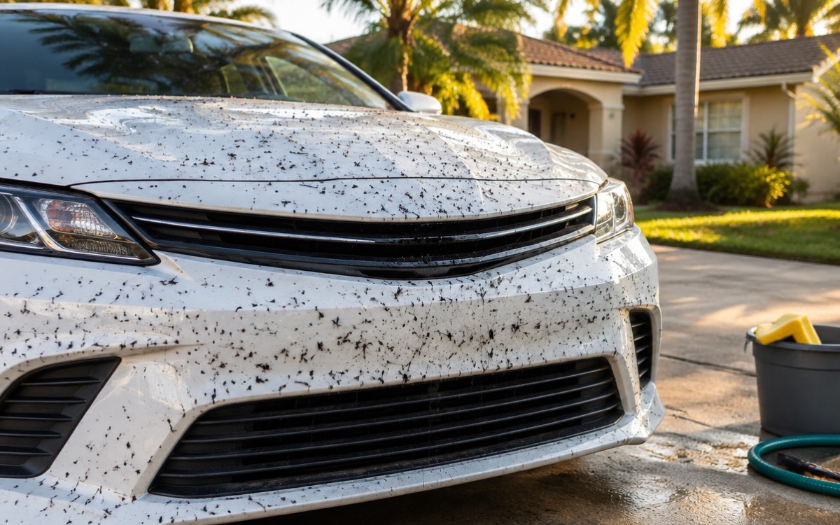 The front of a white car speckled with dead love bugs in a Florida driveway, with a bucket and sponge ready, the first step in how to get rid of love bugs in Florida