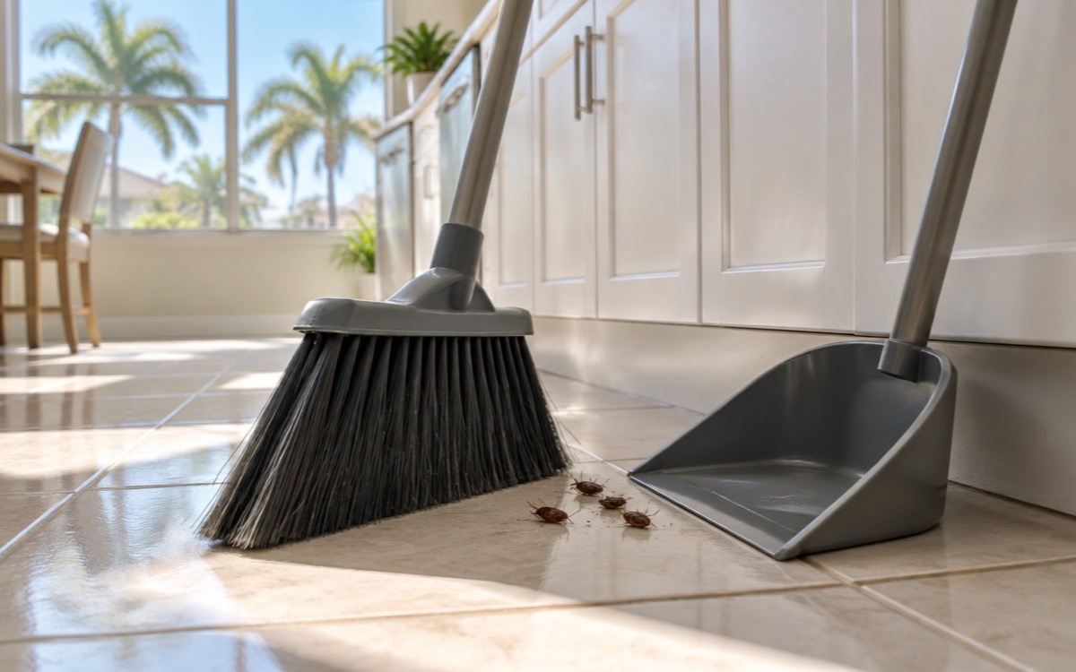 A broom and dustpan sweeping up dead bugs after pest control treatment on a sunny Florida kitchen floor