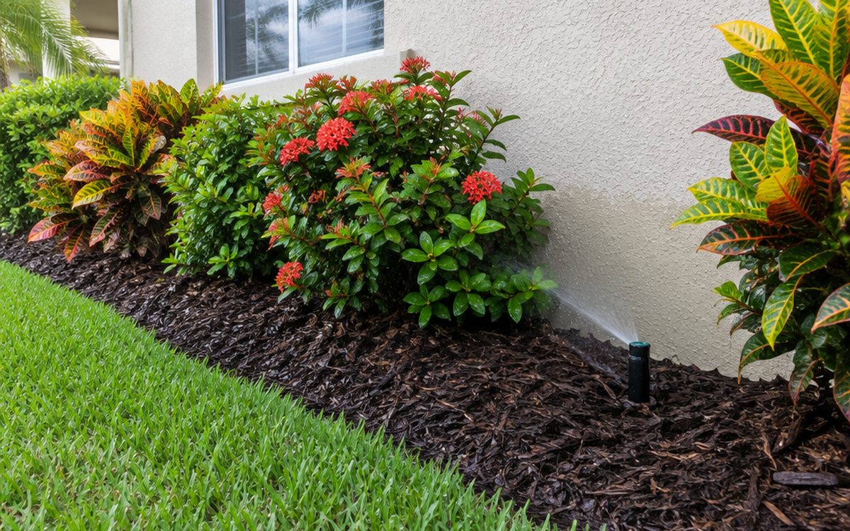 A thick, wet wood mulch bed piled against the stucco wall of a Florida home with a sprinkler spraying the wall, the kind of bed that makes people ask does mulch attract bugs