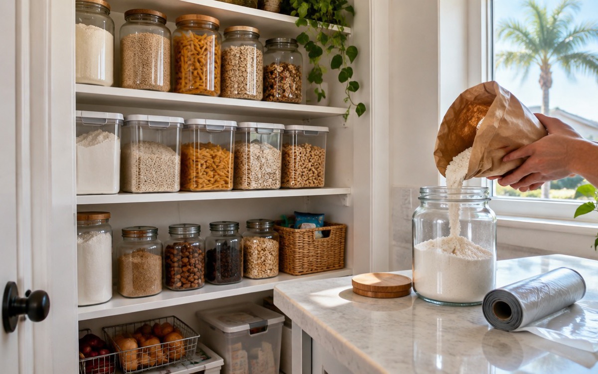 Dry food moved from paper bags into sealed glass jars in a bright Florida kitchen pantry, the main step to get rid of pantry moths