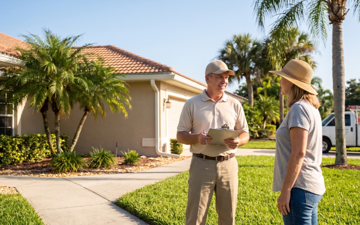 A pest control technician with a clipboard talking to a homeowner outside a Florida block home