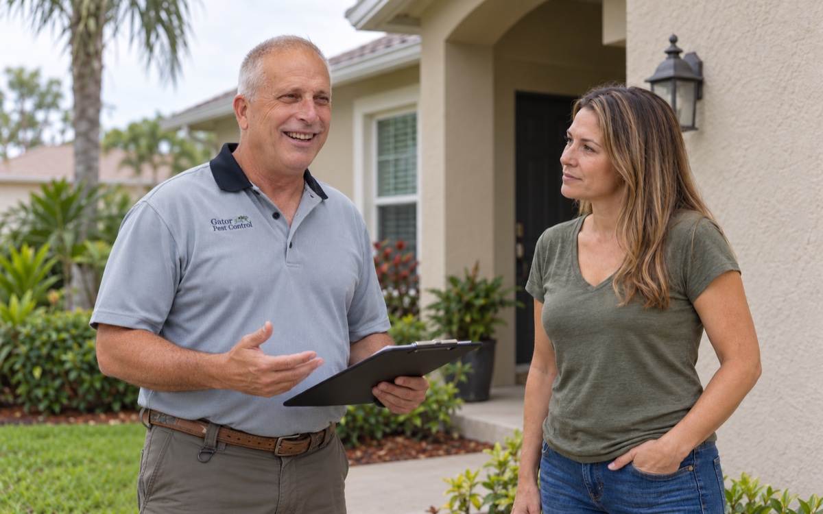Ron DuBois discussing pest control costs with a homeowner outside a Melbourne, Florida home