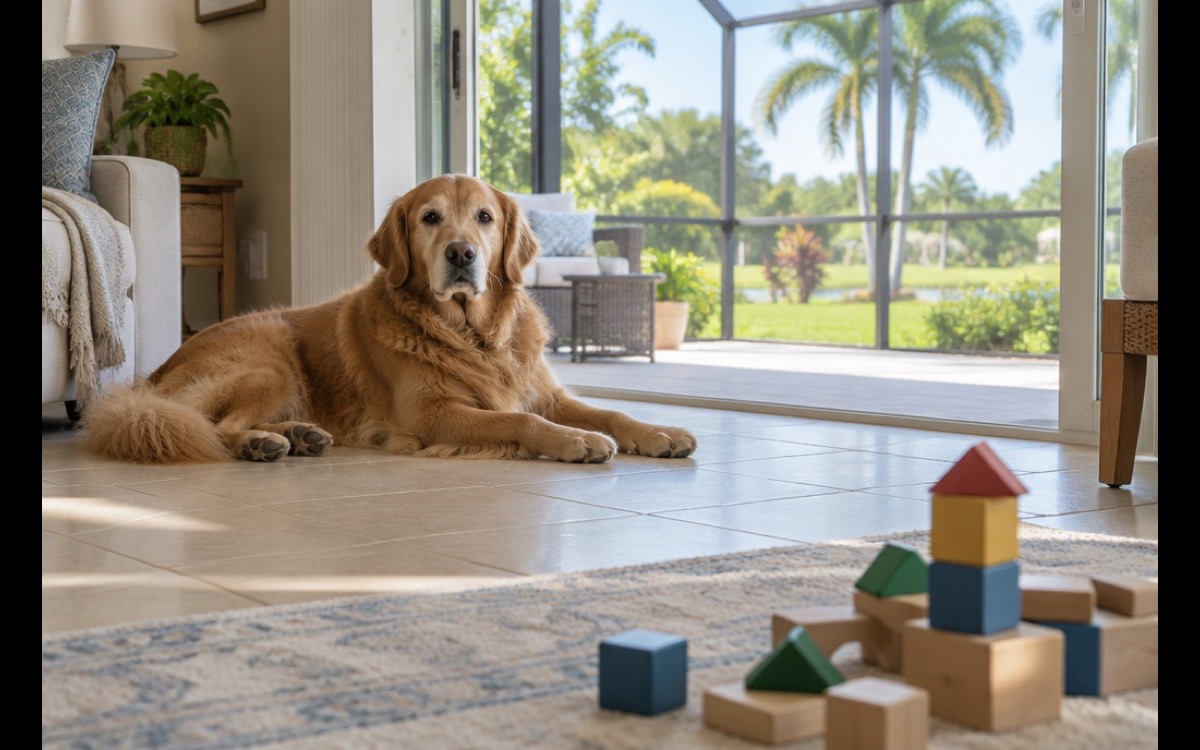 A golden retriever resting on a tile floor beside a child's toy blocks in a sunny Florida home, the kind of household that asks if pest control is safe for pets and kids