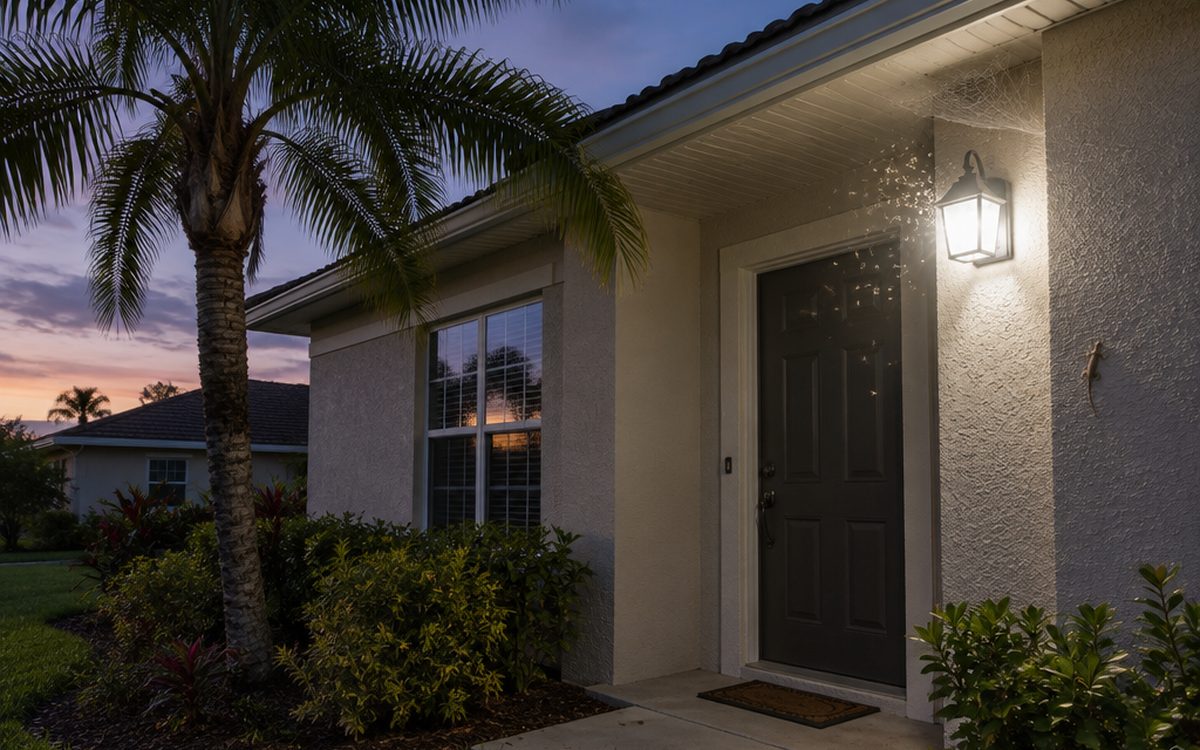 Bugs swarm around a bright white porch light beside the front door of a Florida stucco home at dusk, with a spider web under the eave and a gecko on the wall