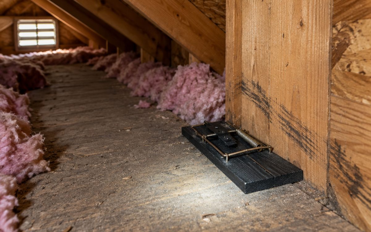 A rat sized snap trap set flush against a wood beam with dark rub marks in a Florida attic, beside pink insulation and a gable vent, the right spot to fix rat traps not catching rats