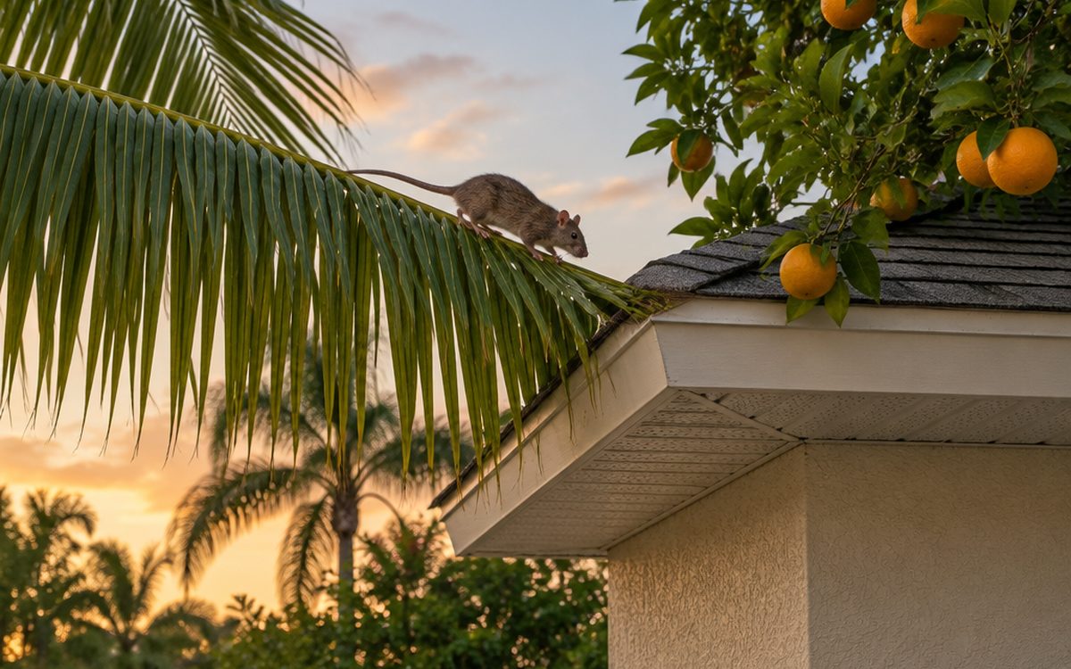 A slim roof rat with a long tail walks along a palm frond toward the soffit corner of a Florida stucco home at dusk, next to an orange tree limb, the high entry point that separates a roof rat vs Norway rat vs mouse