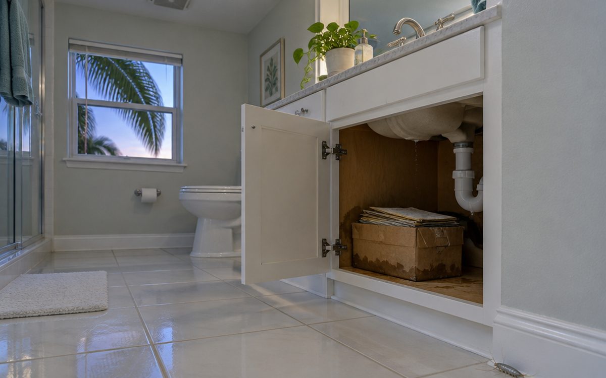A Florida bathroom at dusk with the sink cabinet open on a slow drip and a damp cardboard box of old papers, and a silverfish on the tile by the baseboard, the damp spot to fix first to get rid of silverfish in Florida