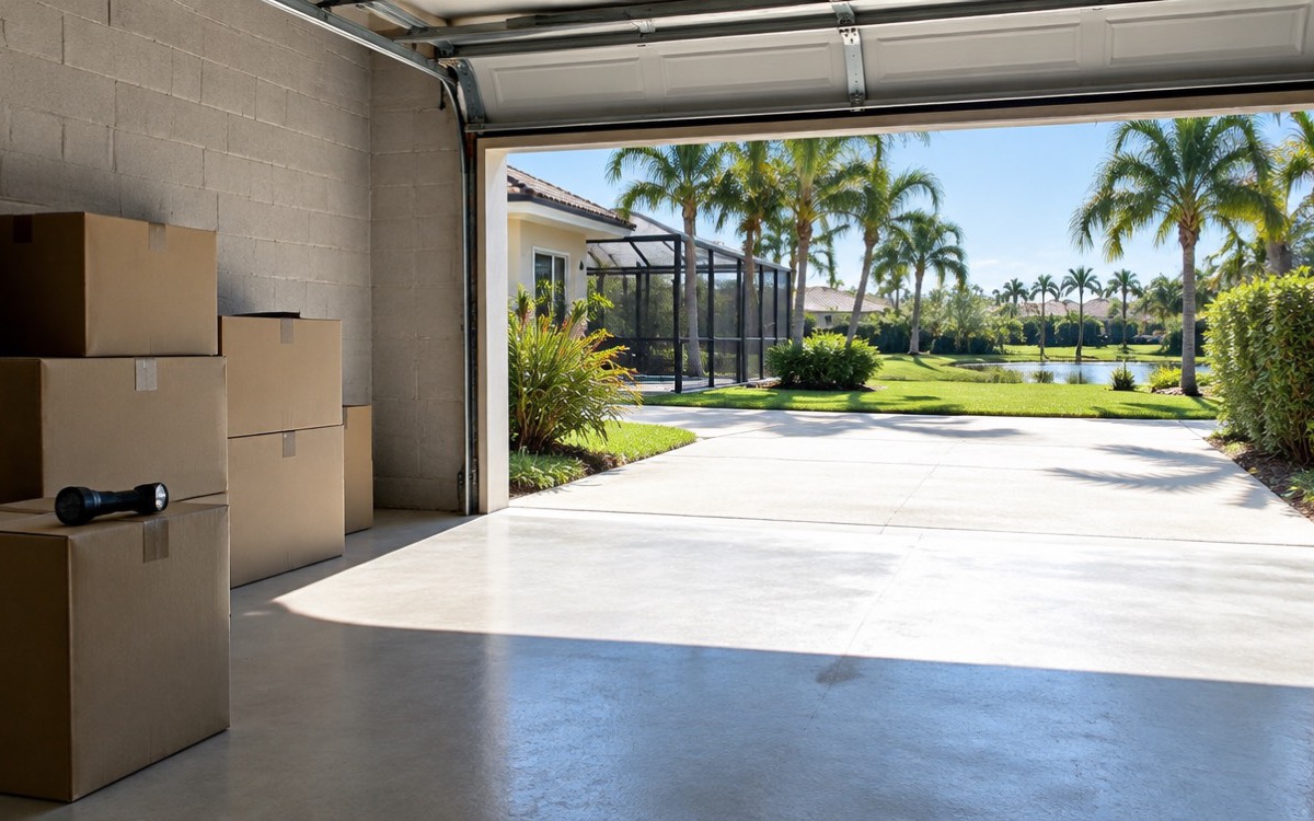 A Florida garage with the door raised on a sunny day, storage boxes and a flashlight by a block wall, palms and a pool cage outside, the moment of opening a snowbird home after summer