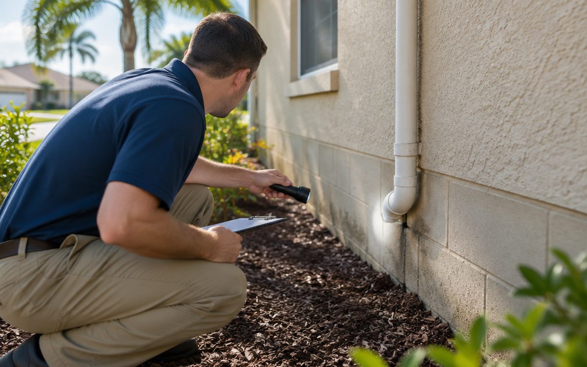 A pest control technician crouches by the block wall of a Florida stucco home, shining a flashlight at a pipe gap above the mulch bed with a clipboard in hand, the inspection step that shows the difference between an exterminator and pest control