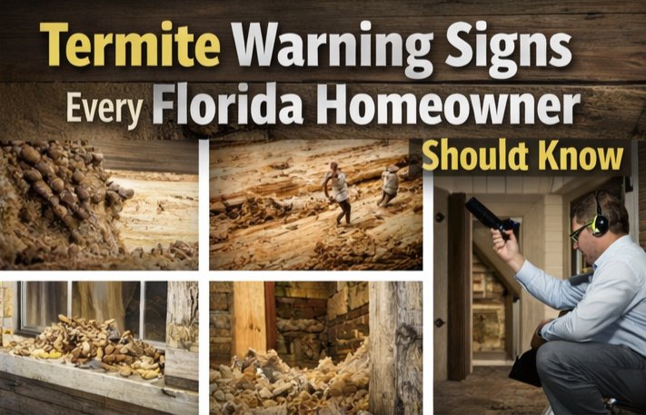 Termite frass, damaged wood, mud tubes, and an inspector checking a wall