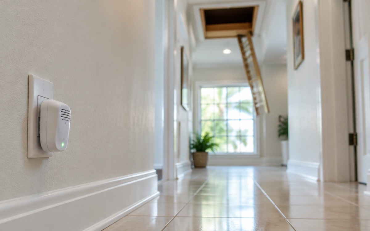 A white plug in ultrasonic pest repeller with a green light in a hallway outlet of a bright Florida home, an open attic hatch behind it, the kind of device people ask about when they wonder if ultrasonic pest repellers work