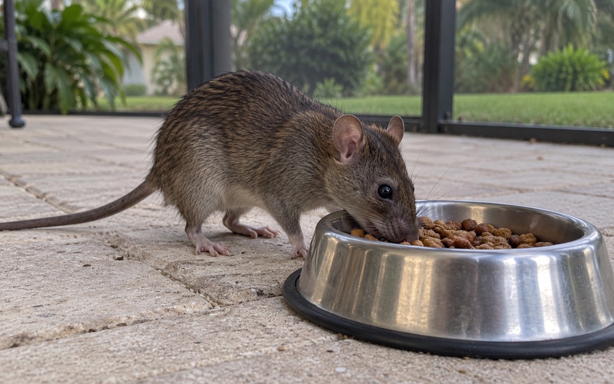 A rat eating kibble from a pet-food bowl on a screened patio