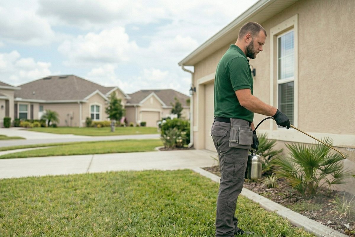 A Gator Pest Control technician treating the foundation and landscaping around a Brevard County home